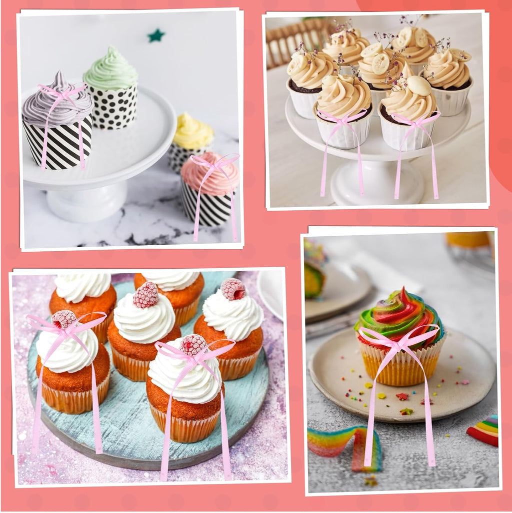 Skiennix 30Pcs Bow Cake Toppers - Pink Bowknot Decorations for Birthday & Wedding Celebrations