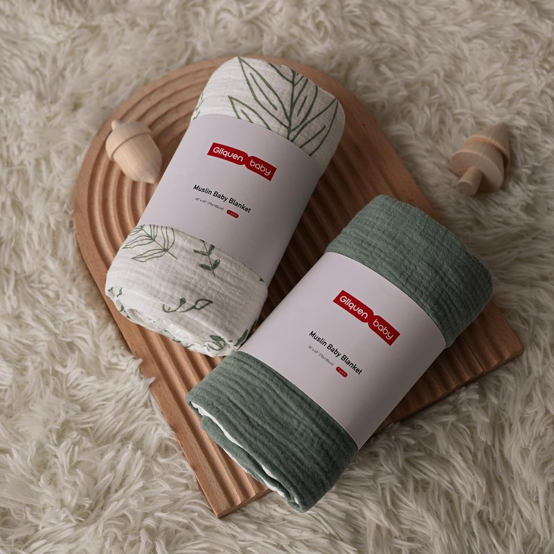 GLLQUEN BABY Blankets for Unisex Boys Girls, 2-Pack Muslin Cotton Front Soft and Breathable, and Dotted Fleece Backing, Nursery Minky Blankets for Toddler Newborn, Green Leaves,30 x 40 inches