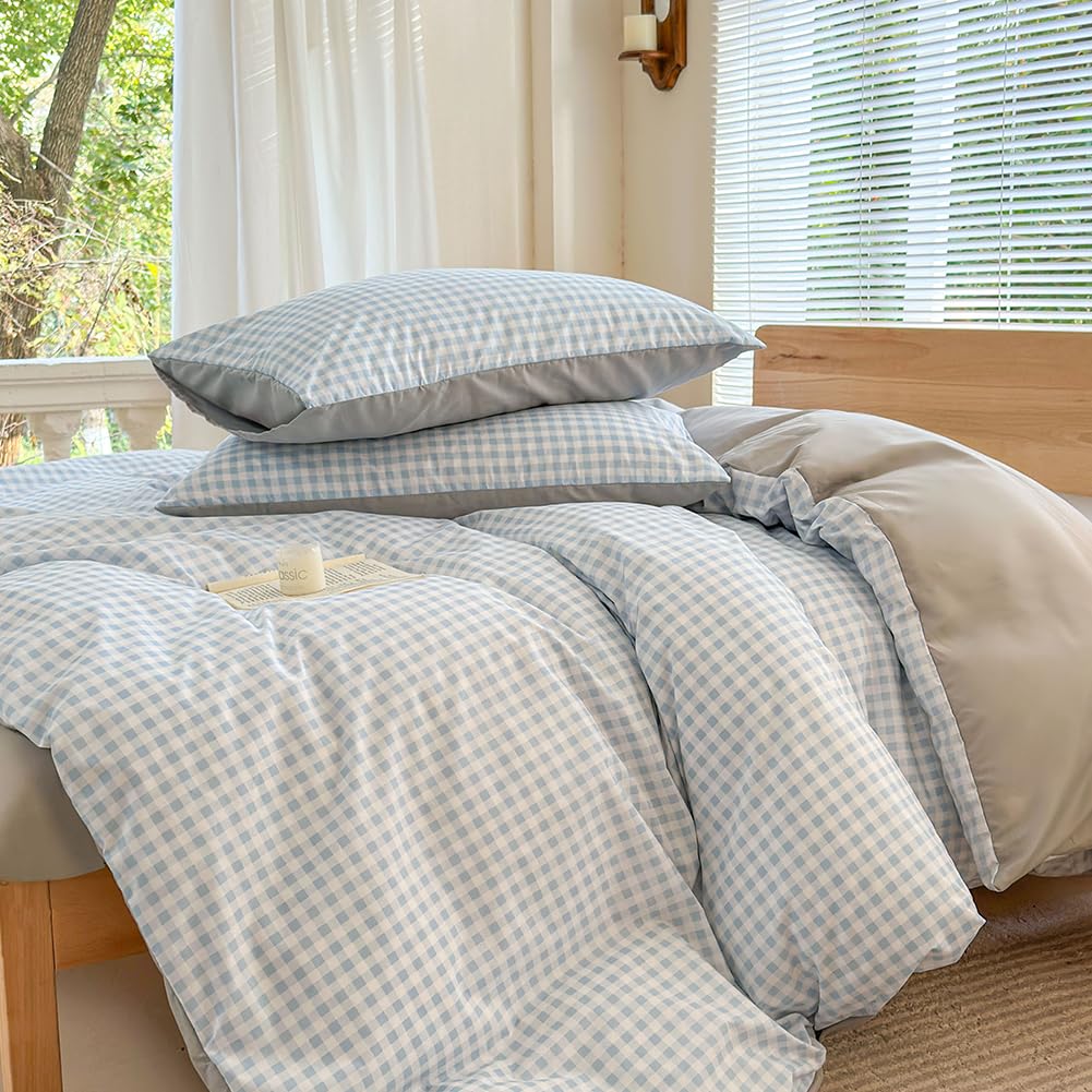 NSNLGSGC Light Blue Gingham Duvet Cover Set Twin, Blue Grid Simple Geometric Square Pattern Comforter Cover,Soft Plaid Washed Microfiber Bedding Cover(2PCS,Twin)