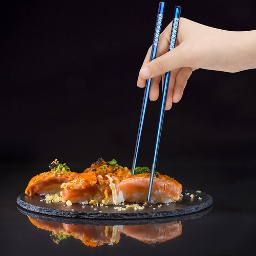 TiiCoo Reusable Titanium Plated Stainless Steel Chopsticks with Holder, Dishwasher Safe Lightweight Japanese Style Chopsticks Gift Set (Blue)