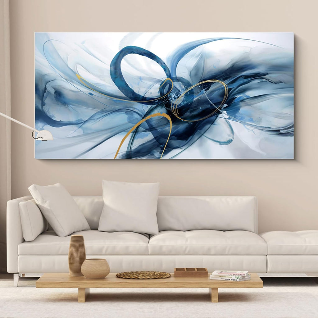 XLSJERST Extra Large Canvas Wall Art - Modern Abstract Design in Blue and White for Living Room Decor