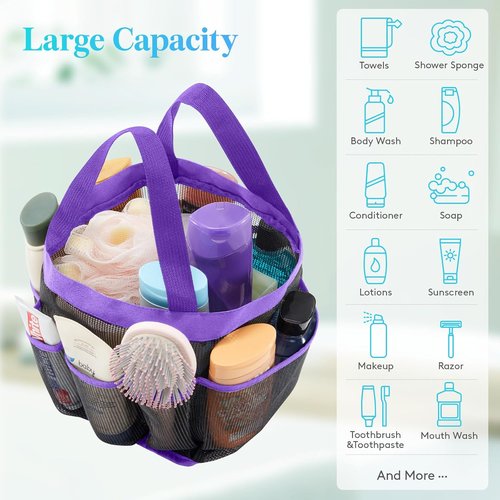 Lifewit Portable Mesh Shower Caddy - Quick Dry Tote Bag with 7 Pockets for College & Travel | Purple