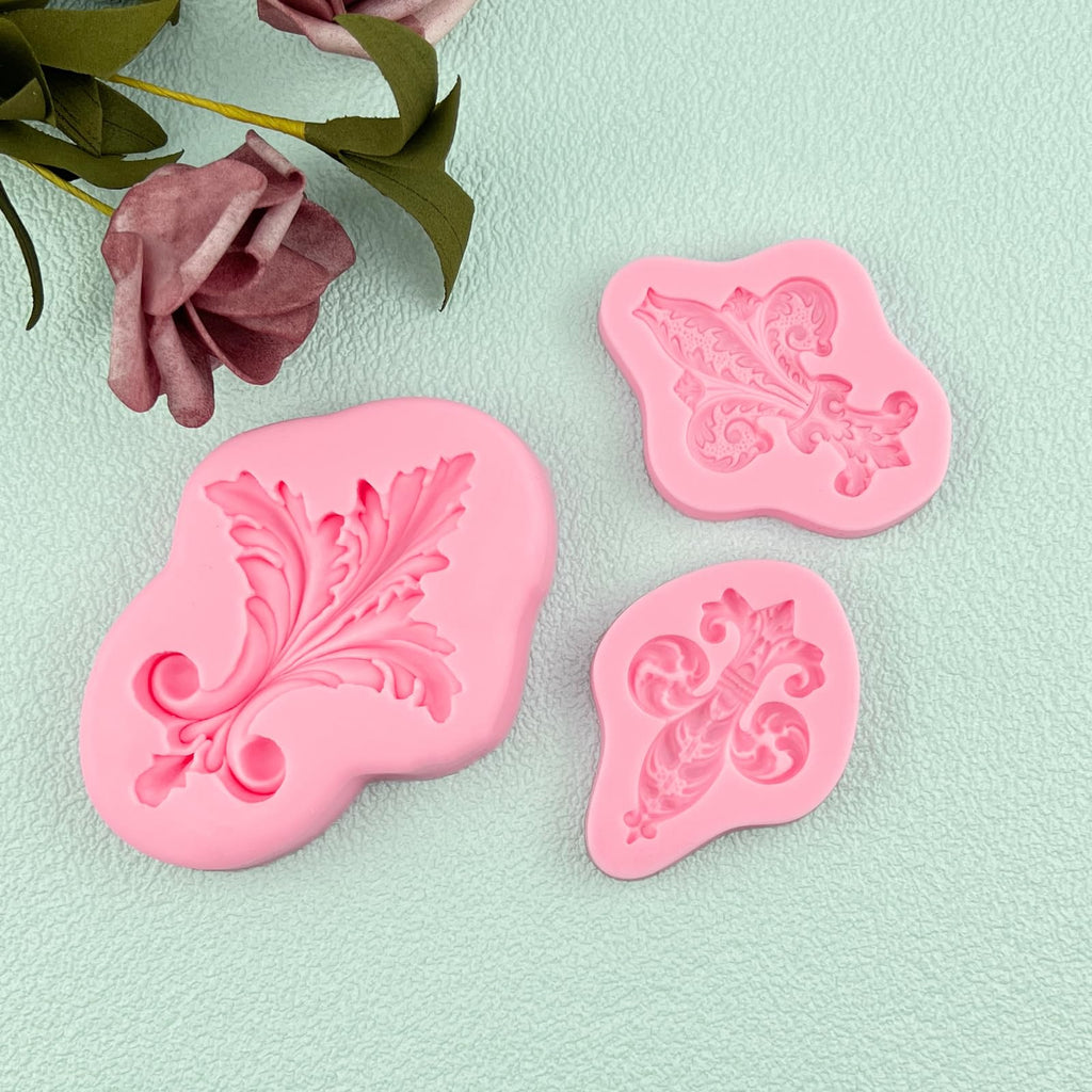 Baroque Embossed Feather Fondant Molds 3 Pcs, European Relief Scroll Chocolate Silicone Molds for Cupcake Toppers, Flower Paste, Mousse, Candy, Sugar Craft, Gum, Dough, Clay Projects, Epoxy Resin