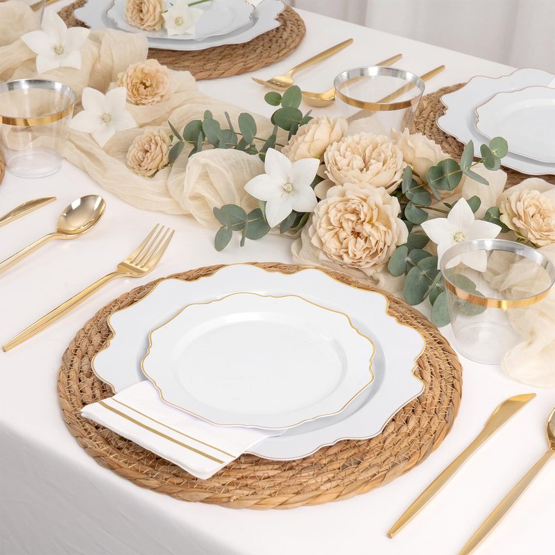 WDF 350PCS White and Gold Plastic Plates - Gold Plates Disposable 50Guest Plastic Dinnerware Ideal for Party/Wedding/Birthday/Mother's Day