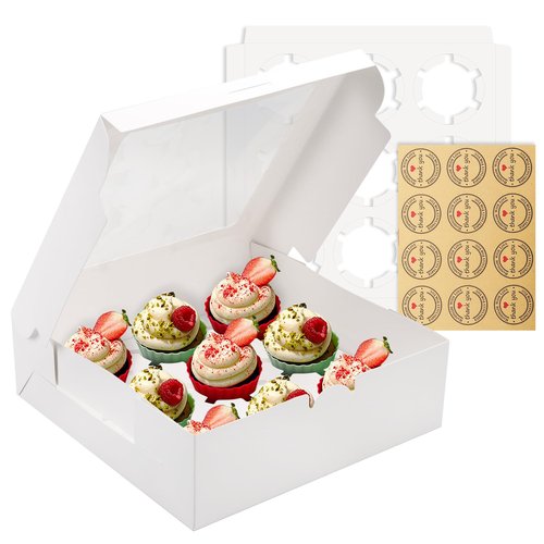 POPUFUN 9-Count White Cupcake Boxes with Window and Insert, 9x9x3 Inch, Set of 8, Suitable for Cupcakes, Muffins, and Cookies
