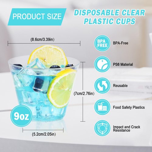 BYSNOW 100 Pack 9 oz Clear Plastic Cups, Plastic Wine Cups for Cocktail Party, Polystyrene Hard Cup with Higher Heat Resistance(9oz 100count)