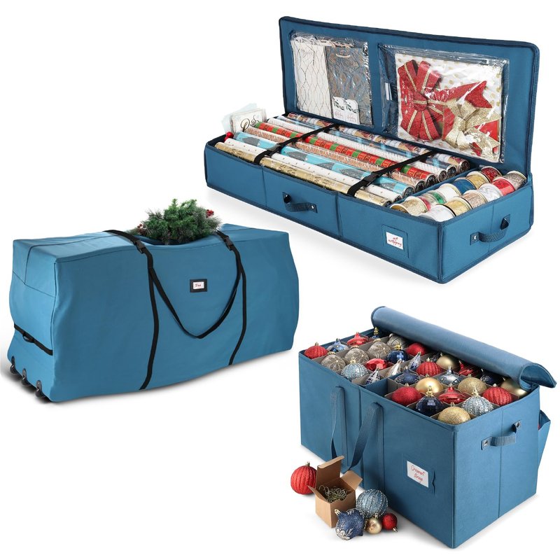 Hearth & Harbor Christmas Tree Storage Bag 7.5 ft, Wrapping Paper Storage Organizer Container & Large Christmas Ornament Storage Box With Adjustable Dividers