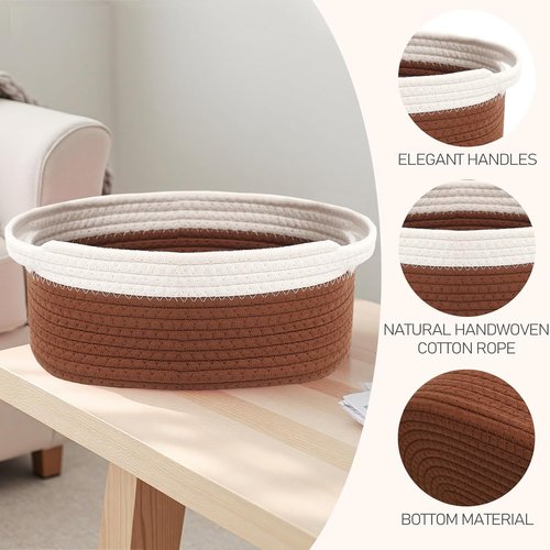 JMvicyroam Woven Storage Baskets - Small Rope Bins with Handles for Organizing | White & Brown, 3-Pack