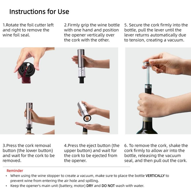 Saraudy Electric Wine Opener Set, Rechargeable With 2 Vacuum Stoppers, Foil Cutter, Battery-Powered Corkscrew - Wine Lovers Present