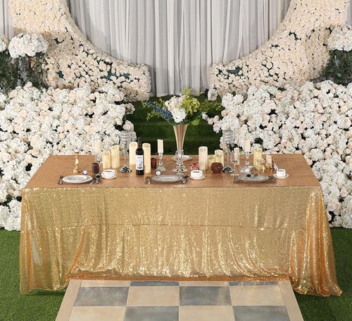 Juya Delight 90" x 132" Light Gold Rectangular‌ Sequin Tablecloth for Wedding Birthday Party Festival Ceremony Cake Dessert Table