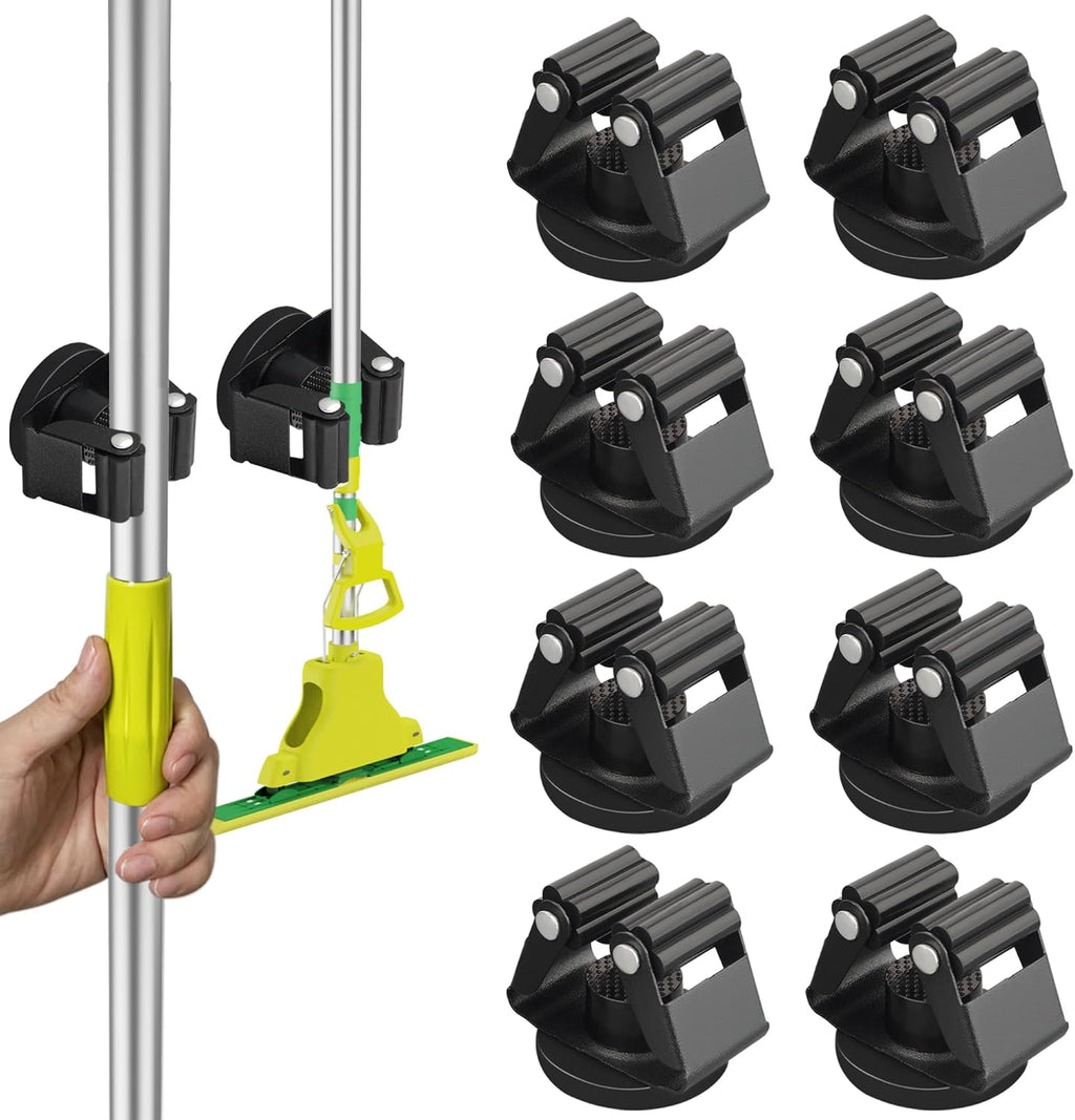 ULIBERMAGNET Magnetic Mop Holder - Heavy Duty Wall Mounted Storage Rack | 8 Pack, Black