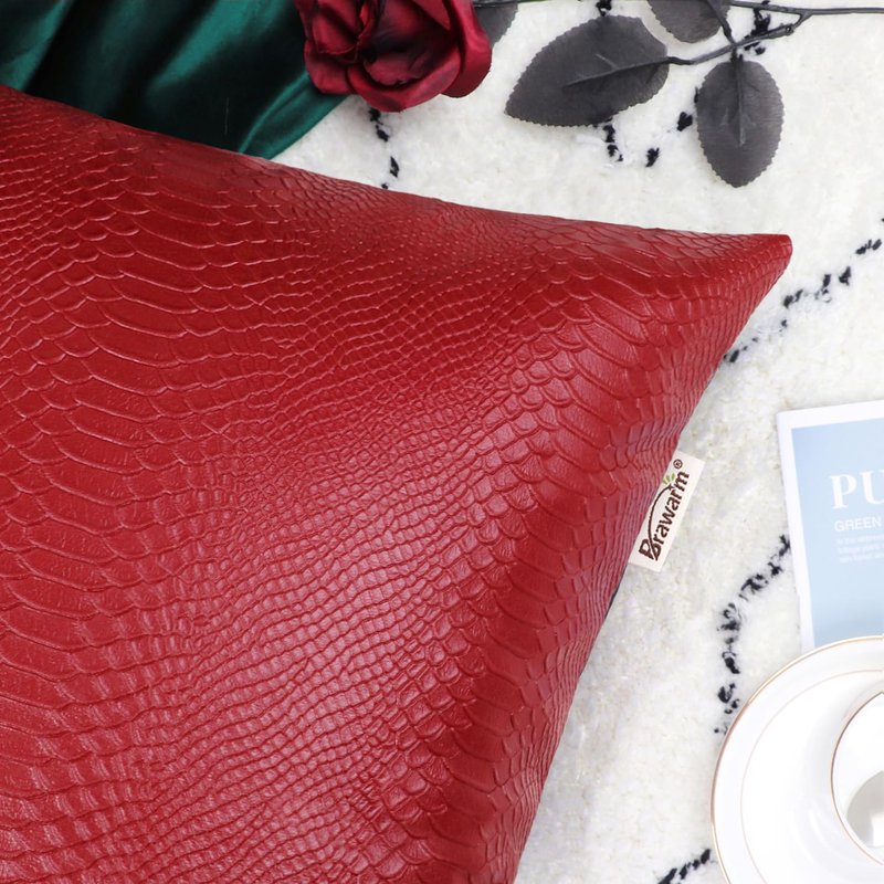 BRAWARM Christmas Red Leather Throw Pillows 22 X 22 Inches, Snake Leather Pillow Covers Pack of 2, Faux Leather Decorative Pillow Covers for Couch Living Room Garden Bed Sofa Home