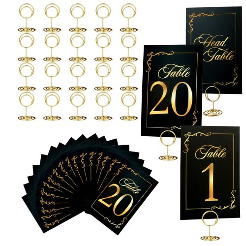 Black Gold Wedding Table Numbers 1-20 With 21 Gold Holders - Set of 21 Table Cards for Wedding Reception