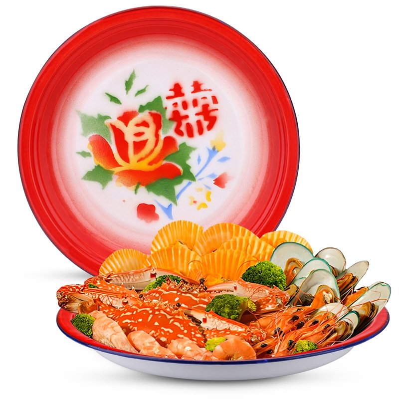 SNOMEL 2 Pcs Enamel 11.7 In Serving Platters and Trays, Large Serving Dishes for Entertaining Chinese Vintage Style, Round Turkey Platters for Food Party Thanksgiving Snack Dessert Meat