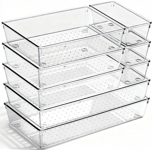 Clear Plastic Drawer Organizer Bins by [Brand Name] - Heavy Duty Storage Trays for Kitchen & Bathroom | 8 Pack