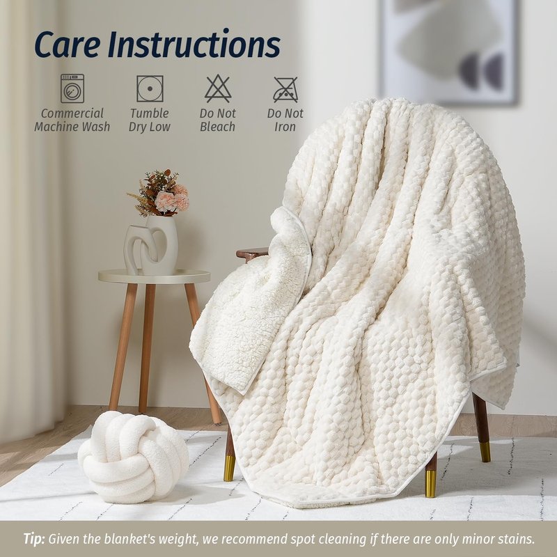Wemore Fleece Weighted Blanket for Adults (60" x 80" 15lbs, Cream White), Dual Sided Cozy Soft Sherpa Heavy Blanket with 3D Imitation Turtle Shell Warm Jacquard Flannel for Couch and Bed
