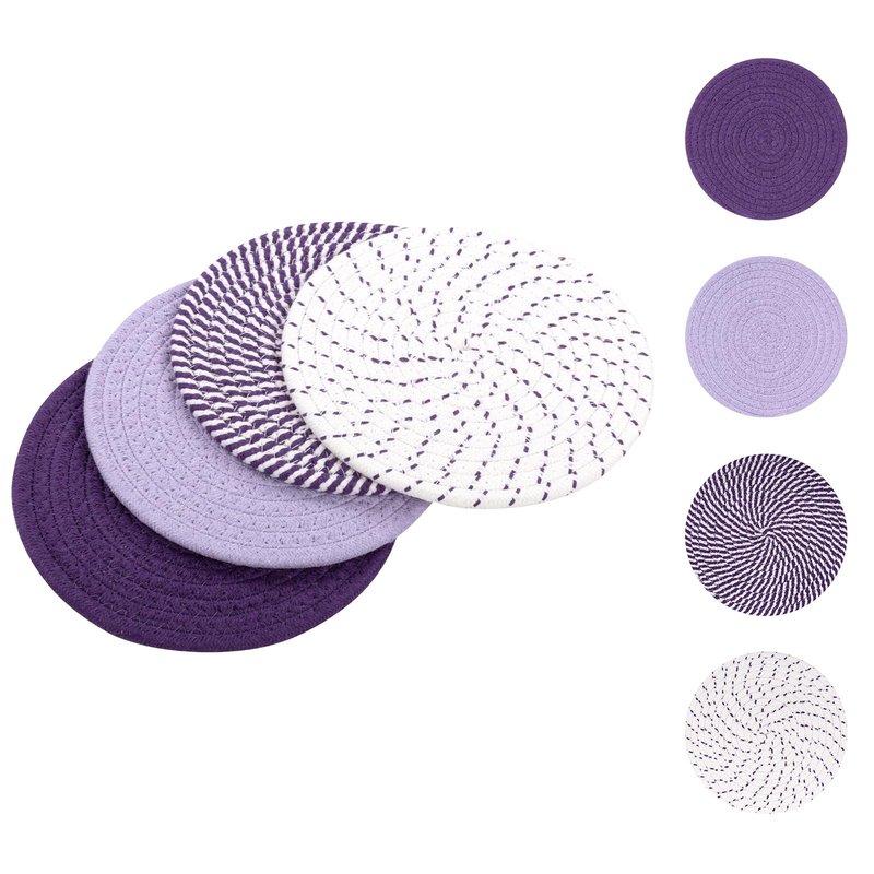 SHACOS 8 Inches Trivets for Hot Dishes, 4 Pieces Cotton Trivets Mats for Kitchen, Hot Pads for Countertops and Table, Heat-Resistant Pot Holders for Hot Pots and Pans(Purple, 4pcs)