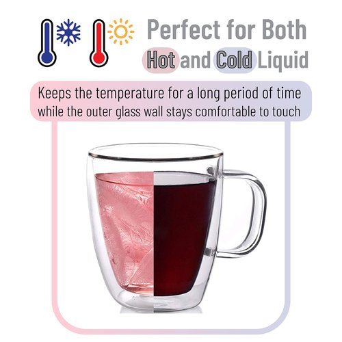 BTaT- Double Walled Glass Coffee Mugs, 12 oz, Set of 4, Glass Coffee Cups with Handle, Insulated Clear Coffee Mug for Hot Beverages, Cappuccino, Latte, Tea, Americano, Microwave & Freezer Safe