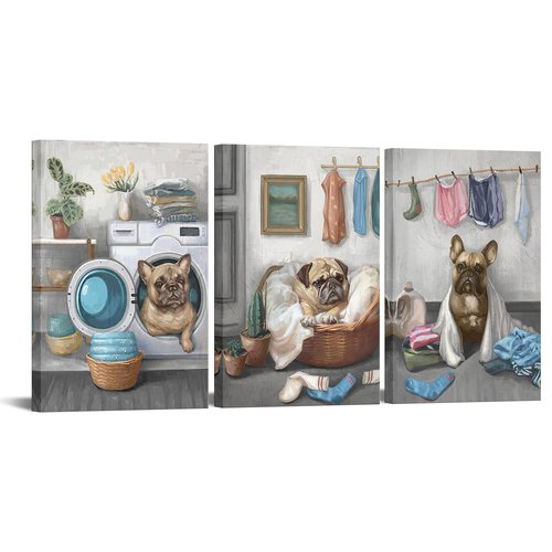 Conipit Laundry Room Canvas Wall Art Funny Dog Painting Prints Artwork Decor for Laundromat Dry Cleaning Store Framed (Medium, grey)