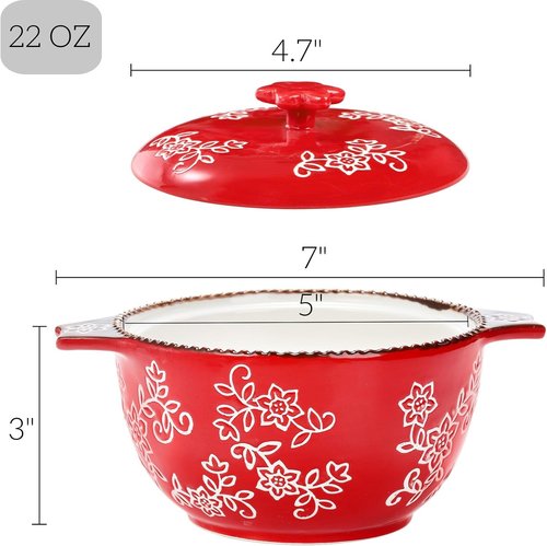 AVLA Ceramic Soup Bowls - 22 Oz French Onion Crocks with Lids & Double Handles | Mini Casserole Set