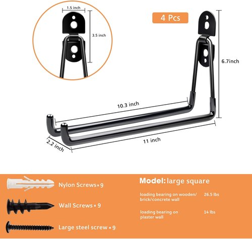 Garage Hooks Heavy Duty - 11-Inch Wall Mount Storage Hanger | 4-Pack Organizer for Tools, Ladders & More