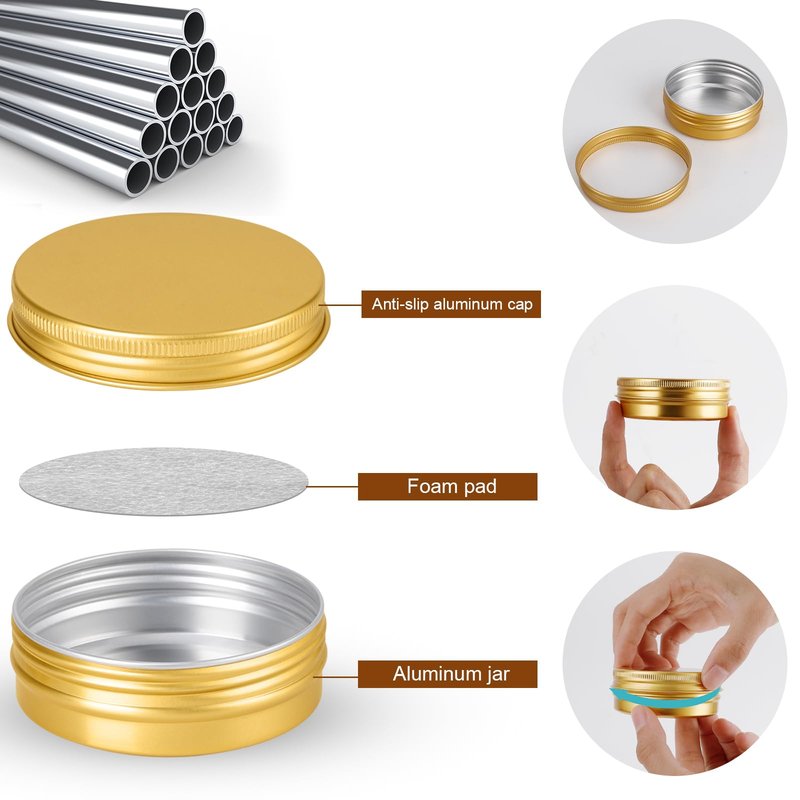 OBKJJ 96 Pack Round Cans with Screw Lid 2 Oz Aluminum Metal Tins DIY Food Candle Containers for Lotion Bars, Balms, Salve, Spices, Beard Balm, Crafts with 4 Markers 3 Sheets Label Stickers (Gold)
