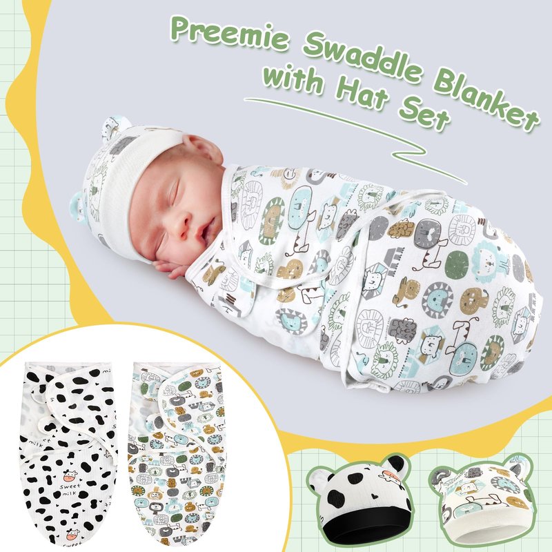 VitalCozy 2 Pack Preemie Baby Swaddle Blanket Wrap with Hat 3-7 Lbs Preemie Hat Newborn Receiving Blanket Wrap for Boy Girl(Animals, Cow)