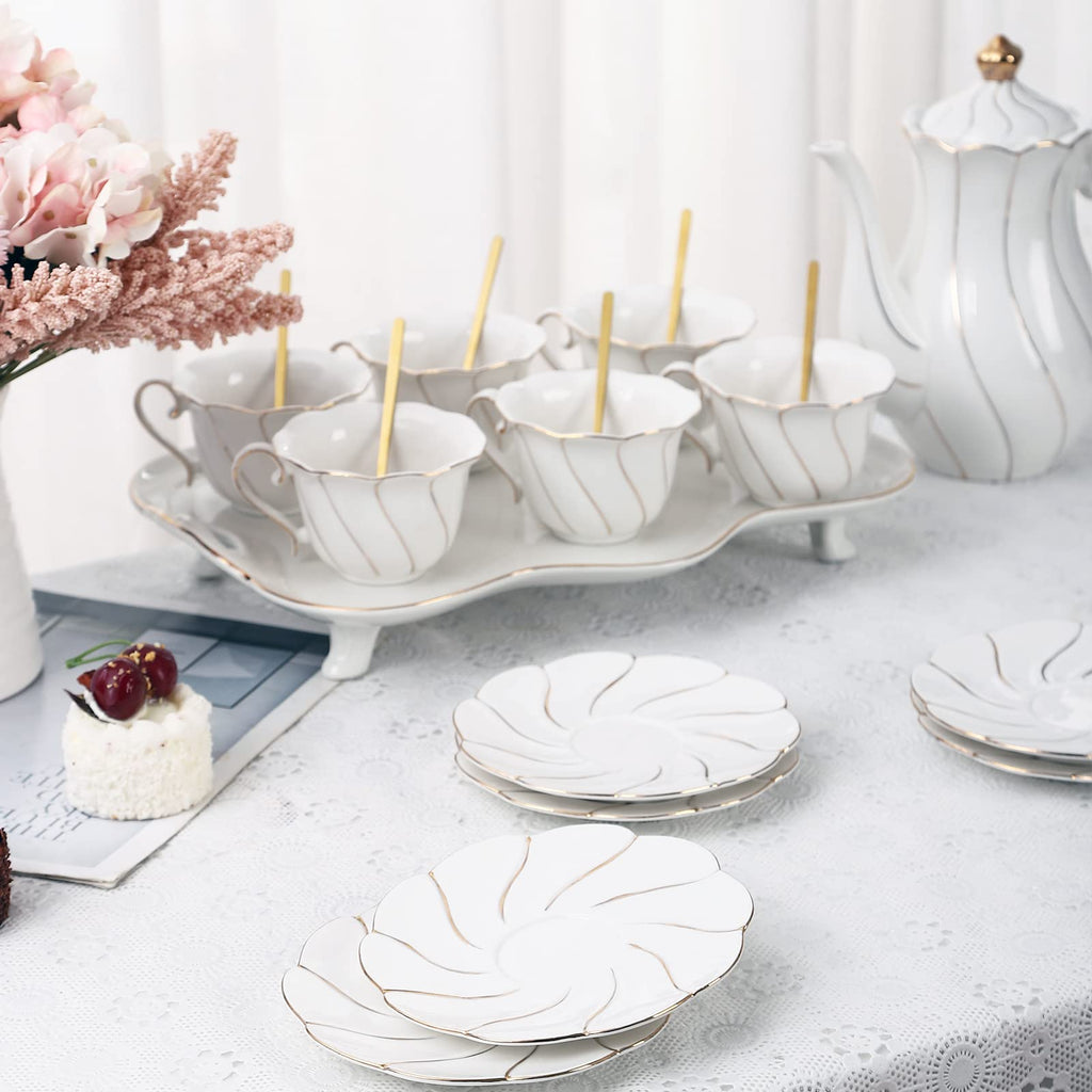 DUJUST 20 pcs Tea Set of 6 with Tea Tray & Spoons, Luxury British Style Tea/Coffee Cup Set with Golden Trim, Beautiful Porcelain Tea Set for Living Room Decor, Tea Party Set, Gift Package - White