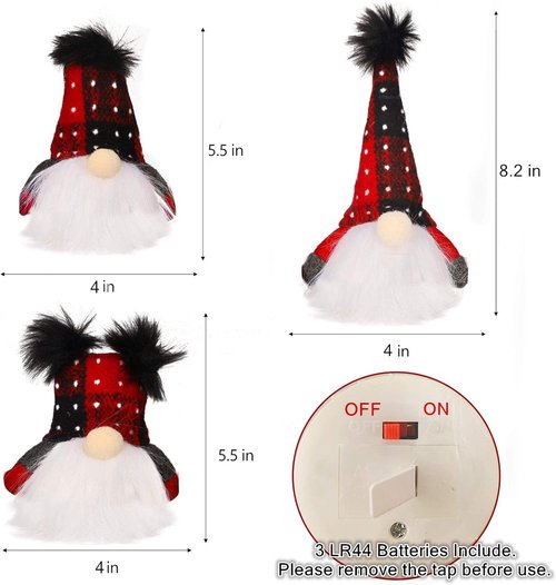 Juegoal Lighted Christmas Gnome - Handmade Mini Scandinavian Tomte | Battery Operated Winter Decor (3 Pack)