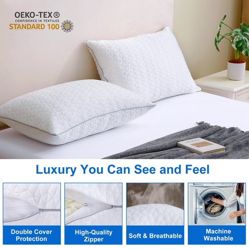 Cooling King Size Pillows Set of 2, Shredded Memory Foam Pillows, Adjustable Firm Bed Pillows Cool Cold Pillow for Hot Side Back Stomach Sleepers with Removable Washable Cover, 20" x 36", White