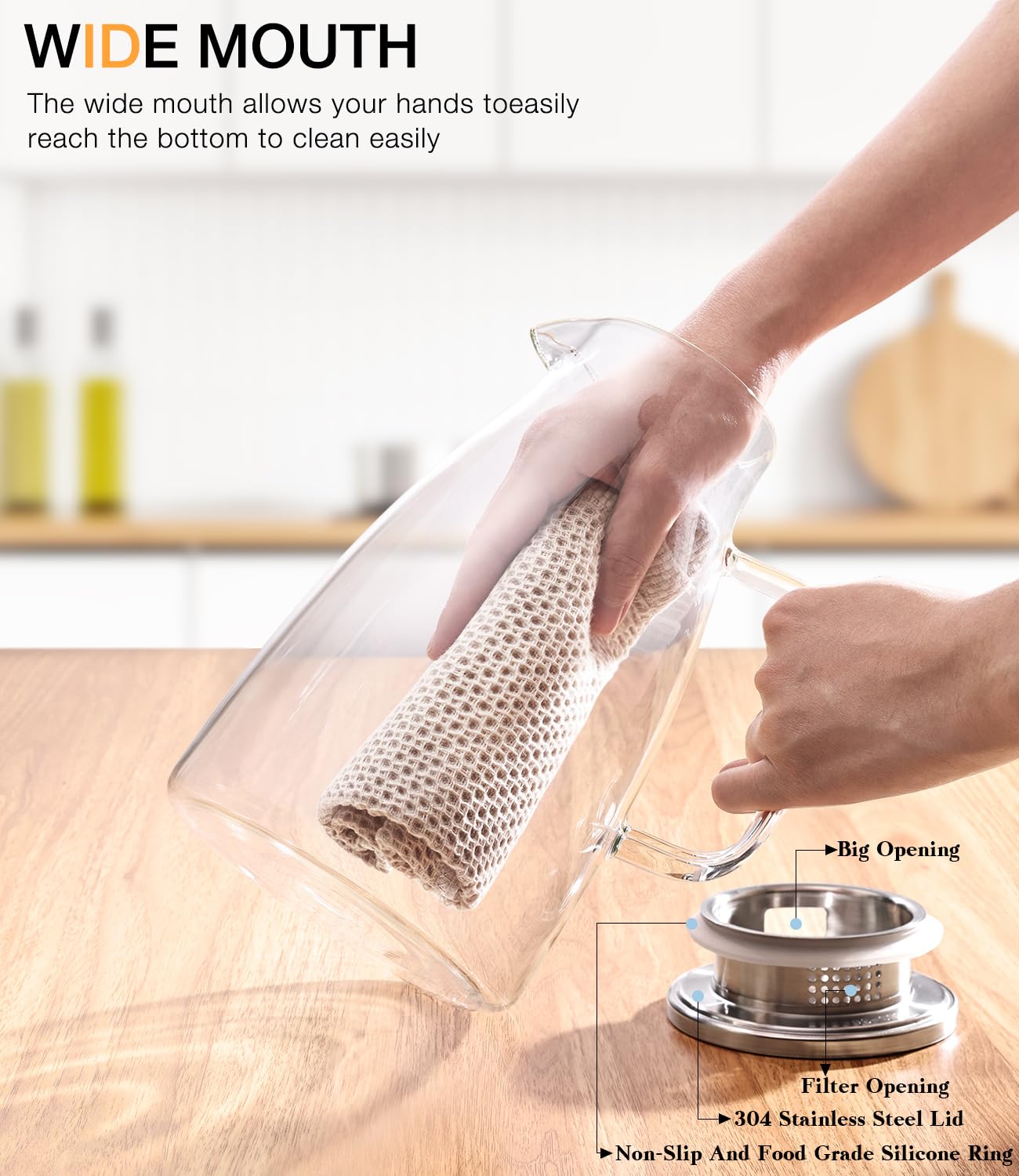 LUNA & MANTHA 2 Liter 68oz Water Pitcher with Handle and Spout, Glass Pitcher with Lid for Fridge, Borosilicate Glass for Sangria, Iced Tea, Juice, Cold/Hot Beverage, Large Jug with 2 Silicone Rings