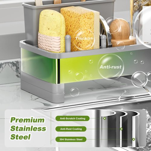 Ewaiira Stainless Steel Sink Caddy - Rustproof Kitchen Organizer with Sponge Holder & Brush Rack | Gray 9.8”