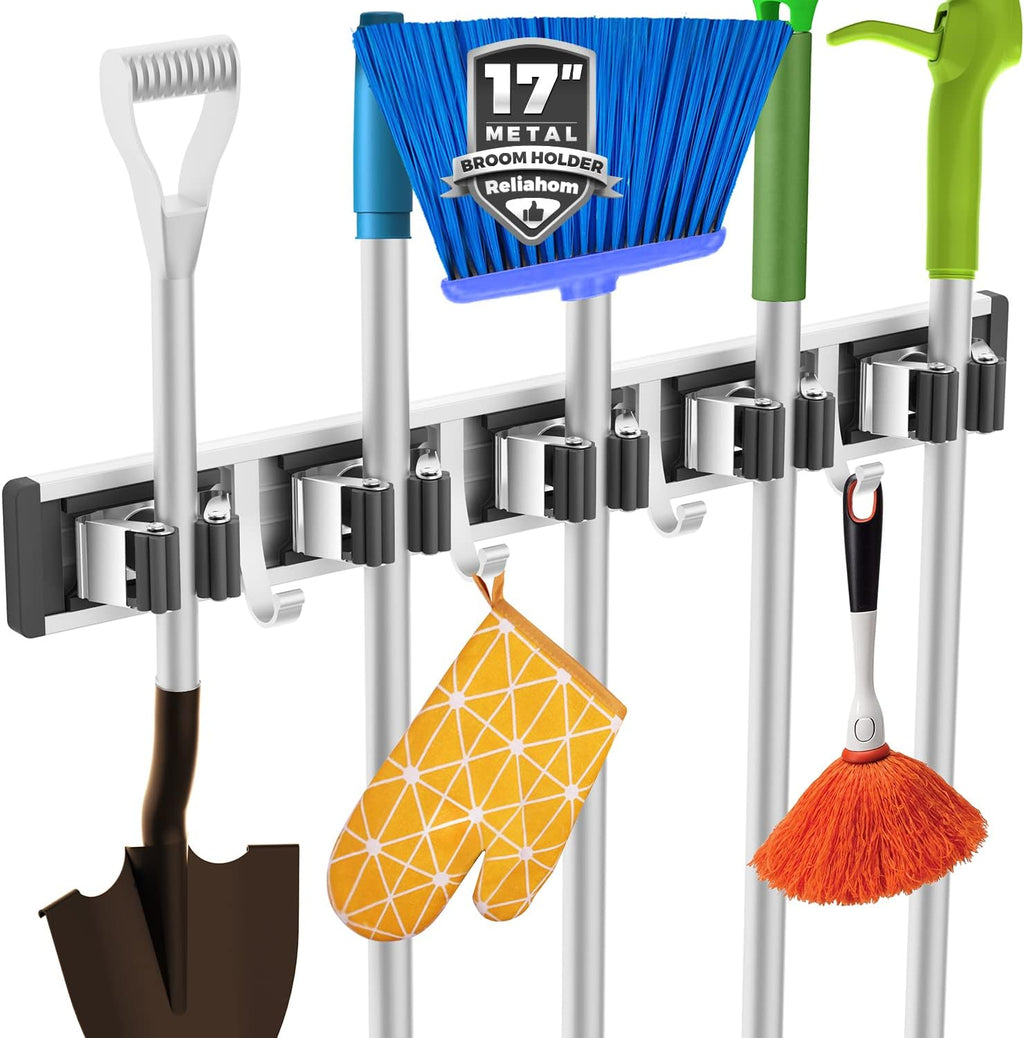 Reliahom Broom Holder Wall Mount - 5 Racks & 4 Hooks for Organized Garage, Kitchen, Garden, Laundry Room