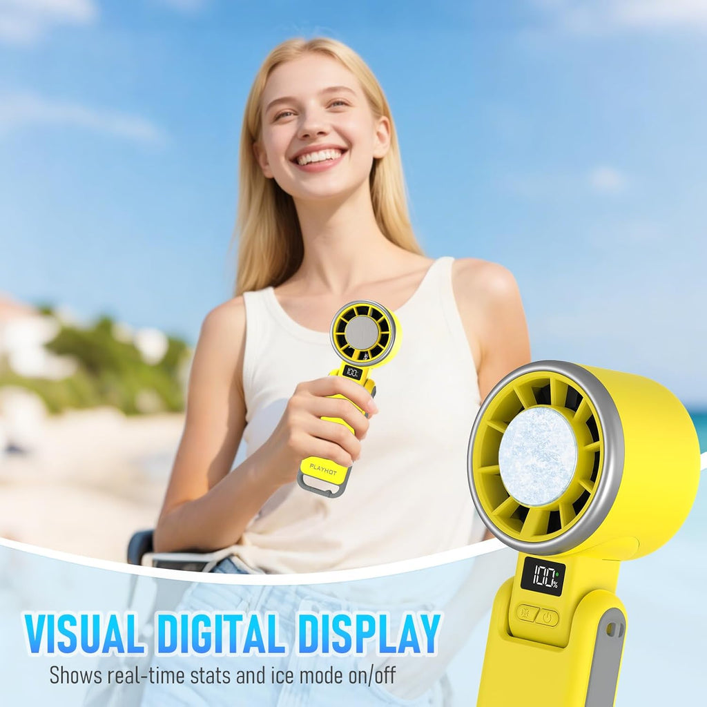 PlayHot Portable Handheld Turbo Fan - Rechargeable Ice Cooling Personal Fan | 12Hrs Battery Life, 5 Speed (Yellow)