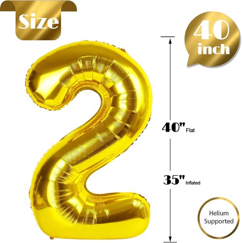 Gold 2 Balloon - 40 Inch Number 2 Balloon for Second Birthday Party Decorations