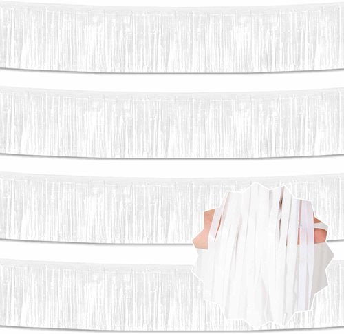 Macaron 10 Ft White Foil Fringe Garland - Metallic Streamers for Party Decorations | 4 Pack