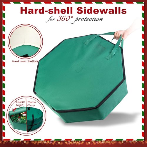 BrilliantJo Wreath Storage Bag - Hard Shell 24-Inch Christmas Decoration Case | 600D Oxford Fabric, Green