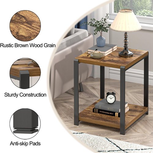 EXCEFUR End Table with Storage Shelf, Modern Side Table for Living Room, Wood and Metal Bedside Table Nightstand, Rustic Brown