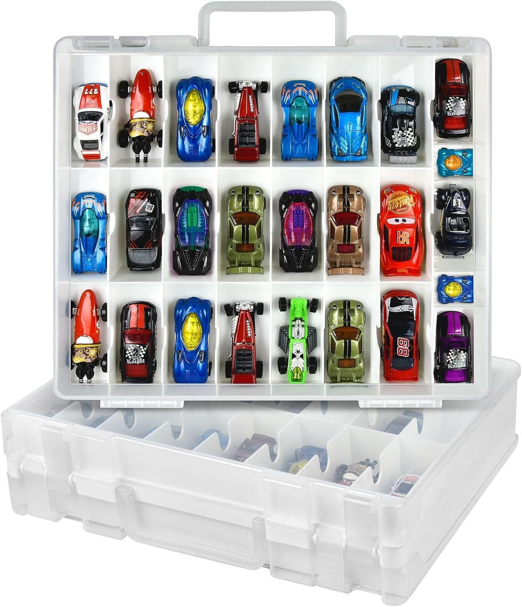 Toy Car Storage Organizer Case - Hot Wheels & Matchbox Compatible | 48 Compartment Double-Sided Holder - White