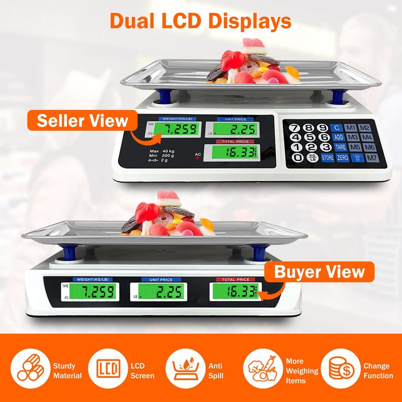 88lb/40kg Price Computing Scale, Digital Price Computing Scale with Stainless Steel Large Platform, Weight Food Kitchen Scale with Dual LCD Display for Farmers Market, Retail Outlets, Meat Shop, Deli
