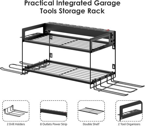 CCCEI Garage Tool Storage - Power Tool Battery Organizer with Charging Station | Wall-Mount Rack for 4 Drills - Black