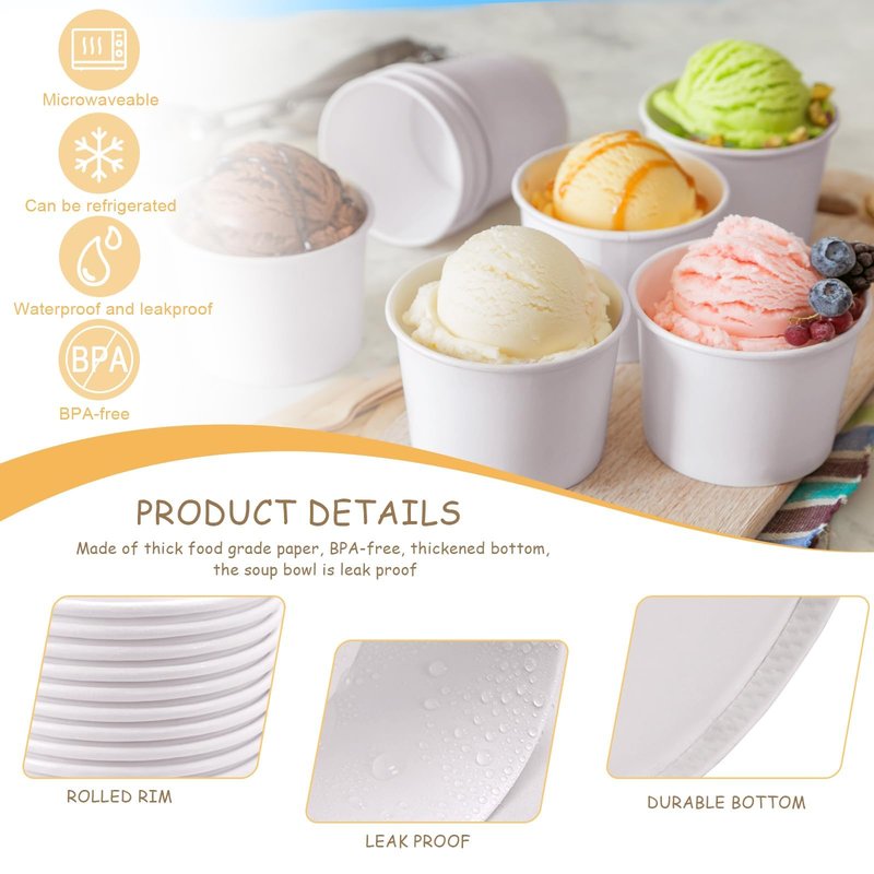 TKOnline 100 Pcs 9 Ounce White Paper Ice Cream Cups Disposable Soup Bowls Treat Snack Cups Disposable Paper Cups Dessert Bowls for Hot or Cold Food, Frozen Yogurt, Sundae, Soup ﻿