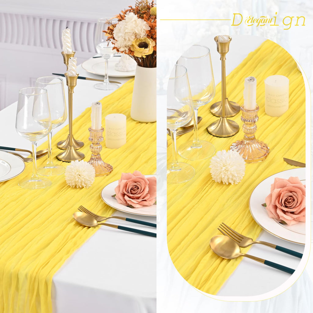 Showgeous 24 Pack Yellow Cheesecloth Table Runner 10Ft Boho Gauze Cheese Cloth Table Runner 35x120 Inch Long Rustic Sheer Table Decor for Wedding Bridal Shower Holiday Party