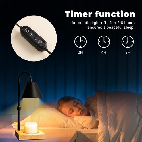 GODONLIF Black Dimmable Candle Warmer Lamp - Adjustable Height & Timer | Wooden Base with 2 Bulbs
