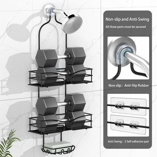 DAOYA Shower Caddy - 3-Tier Bathroom Organizer with Soap Holder & 6 Hooks | Fits 21mm Shower Head Arm, Black