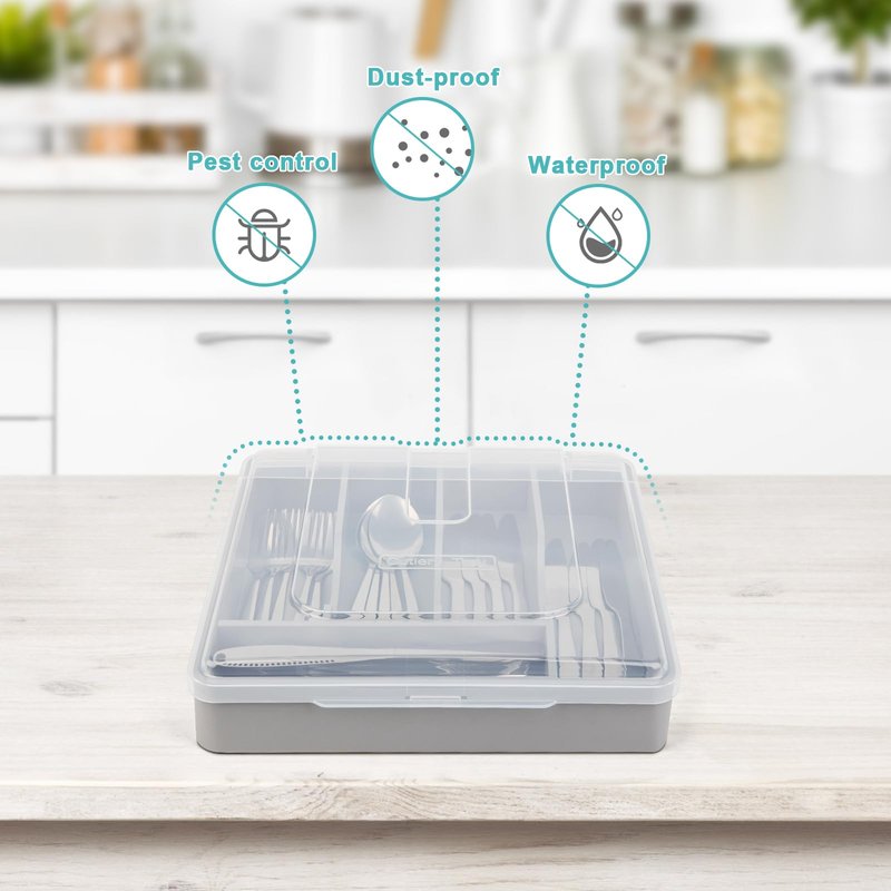 QINOL Bamboo Silverware Tray with Lid, Utensil Drawer Organizer for Kitchen Countertop, Wooden Flatware Organizers and Storage Holder, Bamboo Grey