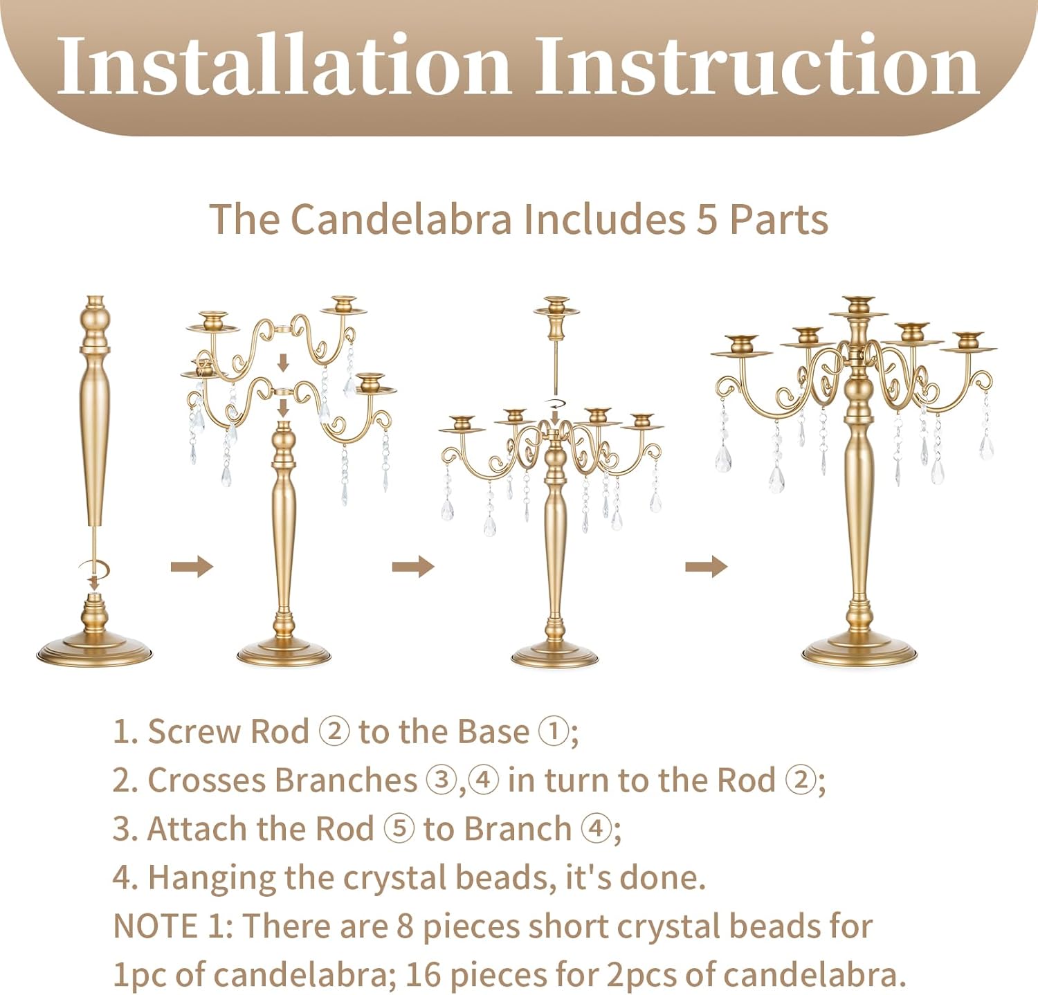Sziqiq Gold Candelabra | 5 Arm Candle Holder - Vintage Metal Centerpiece for Weddings & Dining Tables