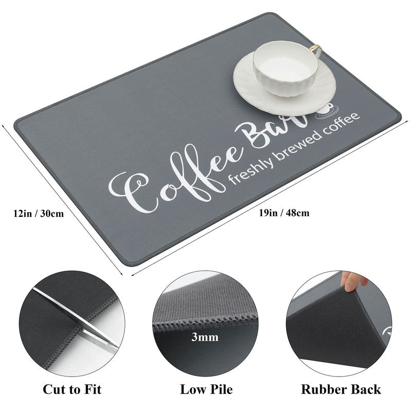 SHACOS Coffee Bar Mats 2 pcs 12x19 Inch Absorbent Non Slip Rubber, Waterproof Heat Resistant, Gray