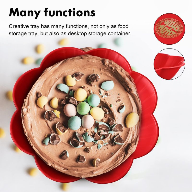 Red Serving Tray Set: 3PCS Decorative Round Wedding Snack Trays and Petal Snack Bowls - Flower Shape Candy Plate Happiness Chinese Wedding Decor for Tea, Fruit, and Coffee Table