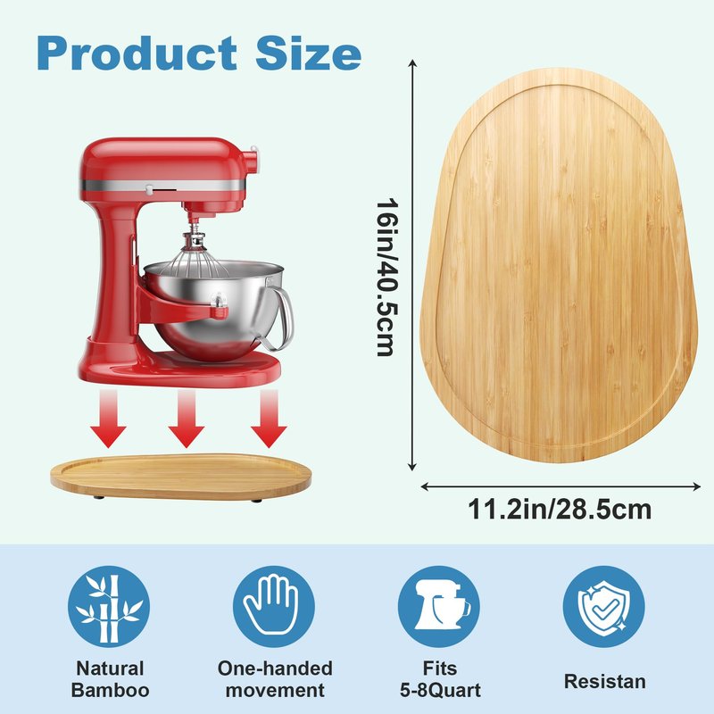 GuanQiao Food-Grade Bamboo Mixer Slider: For KitchenAid 5-8 Qt Bowl Lift Stand Mixer. Appliance Sliding Mat For Artisan, Kitchen Countertop Storage Accessories (Moving Tray)